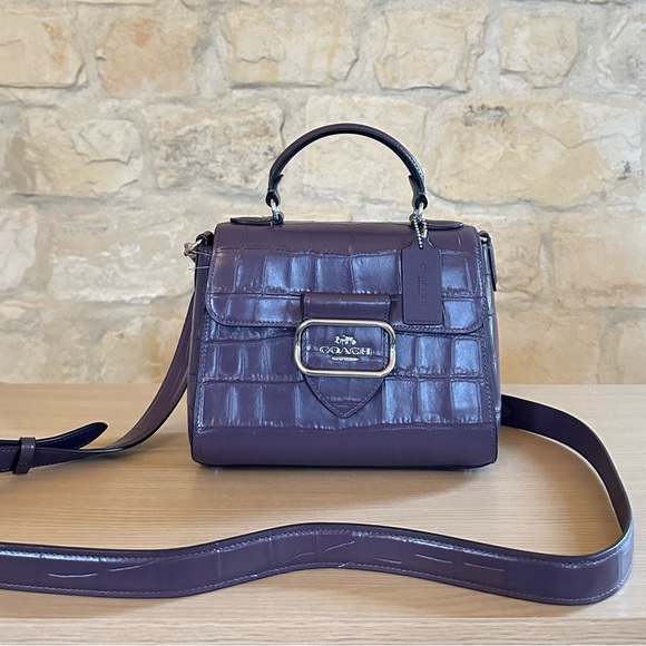 COACH Morgan Top Handle croc embossed leather Satchel Bag/Wallet Amethyst NWT - Picture 2 of 14